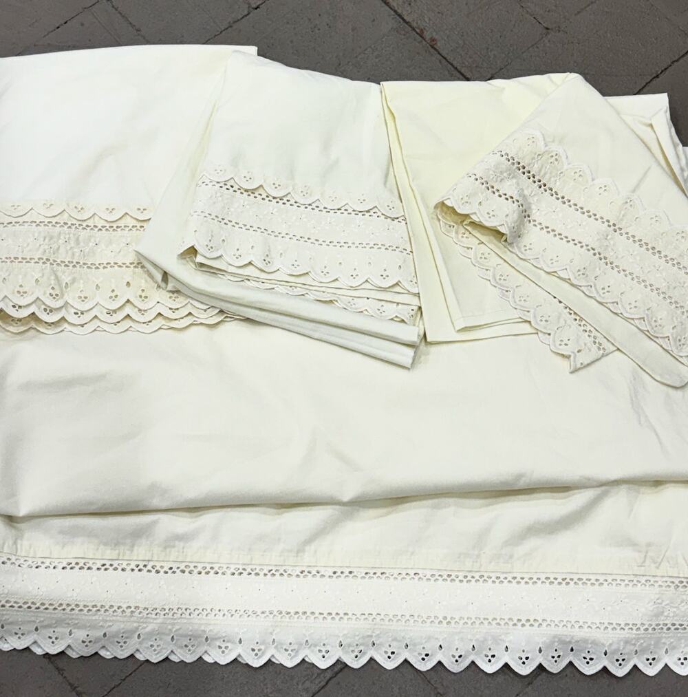 Vintage Springmaid Supercale King Flat Sheet 3 Pillowcases Eyelet Lace Ivory